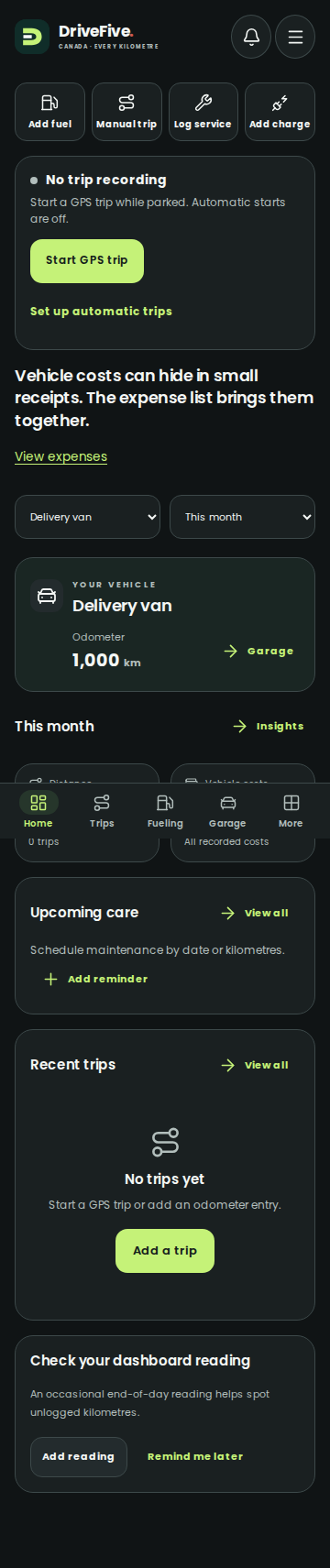 DriveFive home in the Carbon theme, with quick actions, trip controls, expenses and vehicle selection.