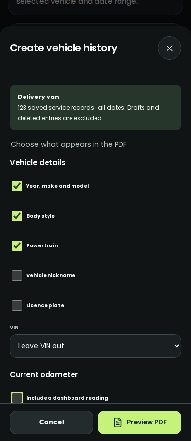 DriveFive's vehicle history creator lets you choose vehicle details, licence plate, VIN and odometer information before previewing a PDF.